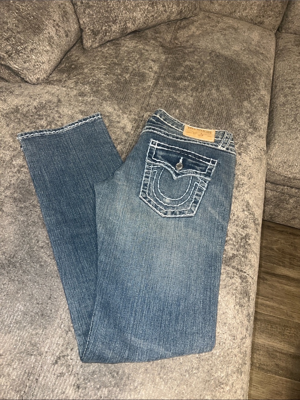 True Religion Women's Faded Blue Bootcut Jeans with Signature Pocket Stitching